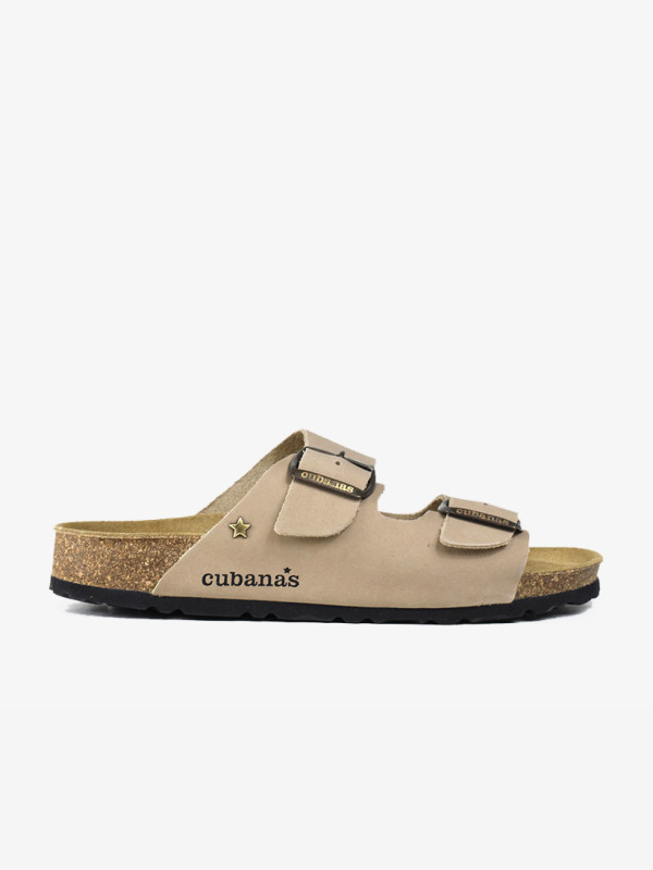 Chinelos Cubanas em Pele Beige com Duas Tiras