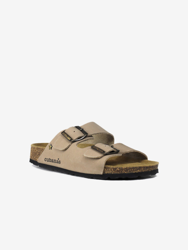 Chinelos Cubanas em Pele Beige com Duas Tiras