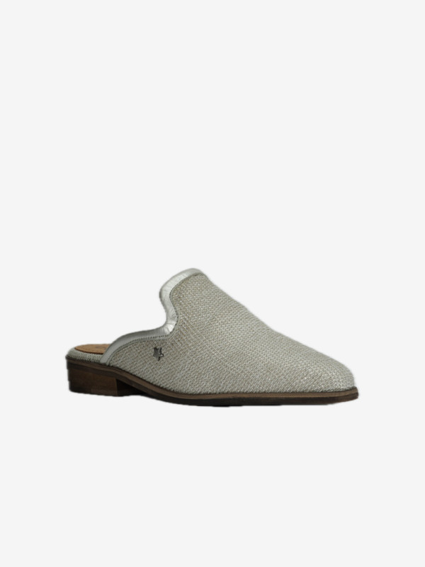 Mule Cubanas em Tecido Beige com Glitter